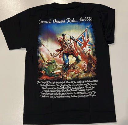 Black Iron Maiden Trooper beer shirt featuring detailed graphic of a soldier holding a British flag with text on back