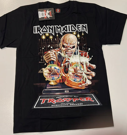 Black Iron Maiden Trooper beer shirt featuring Eddie holding a foaming beer mug with band logo