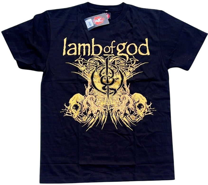 Rebelchords Lamb of God band t-shirt in black featuring striking gold graphic design