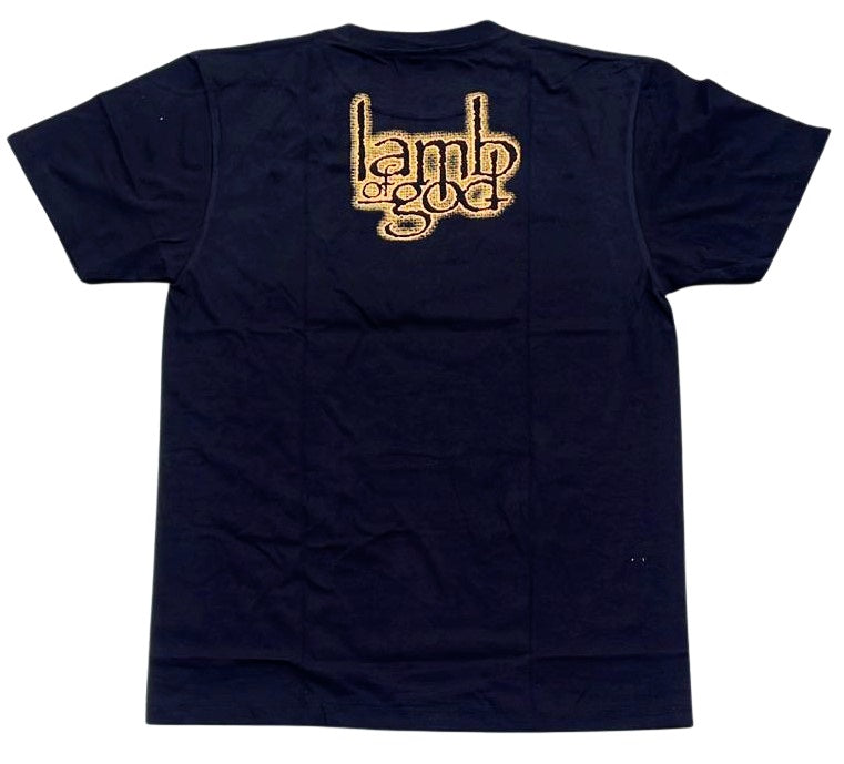 Navy Lamb of God band t-shirt featuring bold logo design on the back