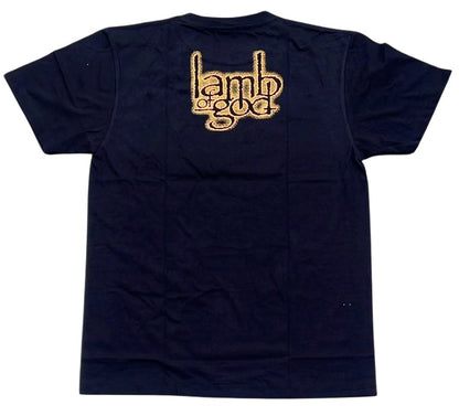 Navy Lamb of God band t-shirt featuring bold logo design on the back