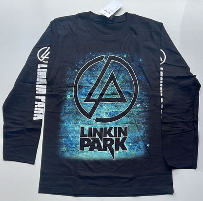Black Linkin Park long sleeve shirt with band logo on front and white text on sleeves