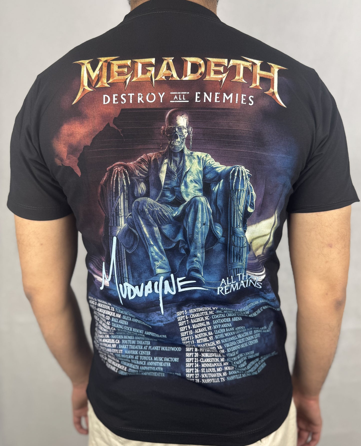 Megadeth destroy all enemies shirt featuring iconic artwork and band lineup on the back