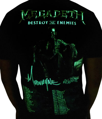 Black Megadeth destroy all enemies shirt featuring a glowing graphic and band names