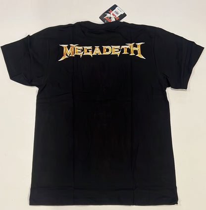Black Megadeth Dystopia t-shirt with gold Megadeth logo printed on the back by Rebelchords