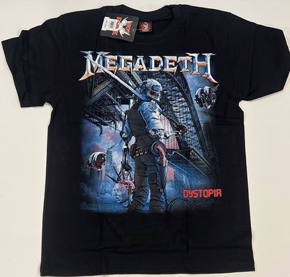 Black Megadeth Dystopia t-shirt featuring futuristic warrior graphic and band logo