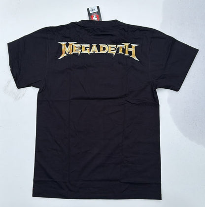 Black Megadeth Rust in Peace shirt with gold Megadeth logo on back from Rebelchords