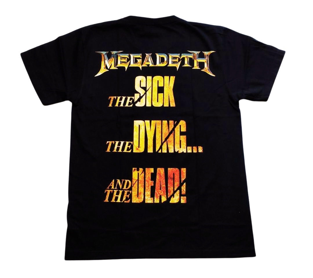 Megadeth Sick Dying Dead shirt in black featuring bold graphic text on the back