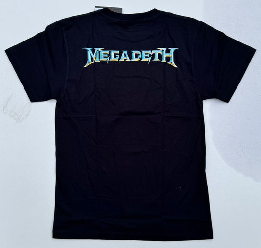 Black Megadeth tour 2024 shirt with colorful Megadeth logo printed on the back