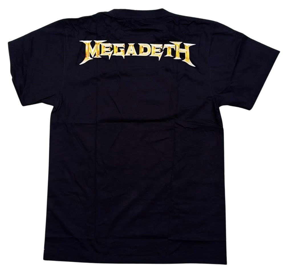 Black Megadeth tour 2024 shirt featuring bold logo on the back for rock music fans