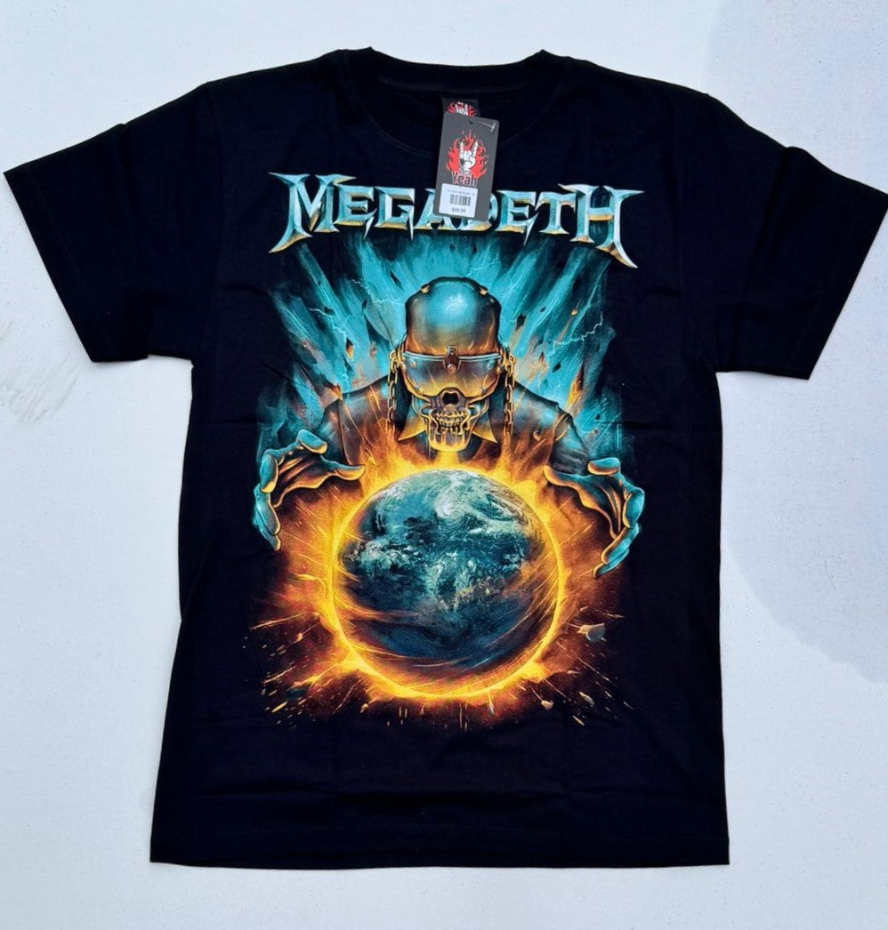 Megadeth tour 2024 shirt featuring a graphic of a skull and globe with fiery accents