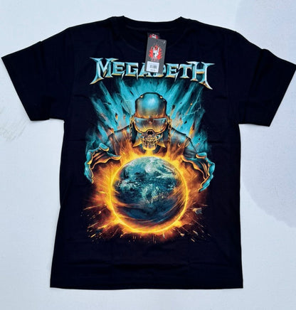 Megadeth tour 2024 shirt featuring a graphic of a skull and globe with fiery accents