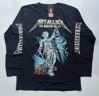 Black Metallica And Justice for All shirt with long sleeves featuring graphic print and band logo on arms