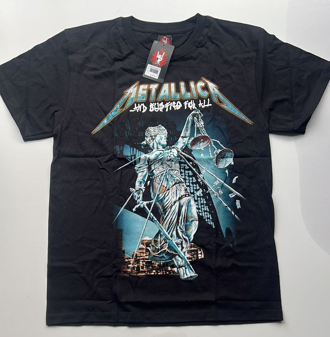 Metallica And Justice for All T-Shirt featuring iconic artwork of Lady Justice with vibrant colors