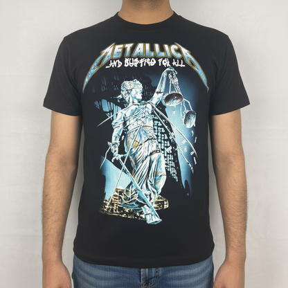 Metallica And Justice for All T-Shirt featuring a bold graphic of Lady Justice in a cool design