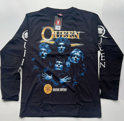 Black Queen Bohemian Rhapsody shirt with band members graphic and logo on front and sleeves