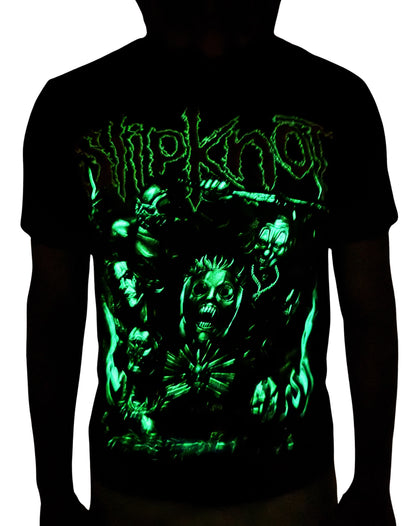 Glow in the dark Slipknot band t-shirt featuring vibrant graphics of the band members