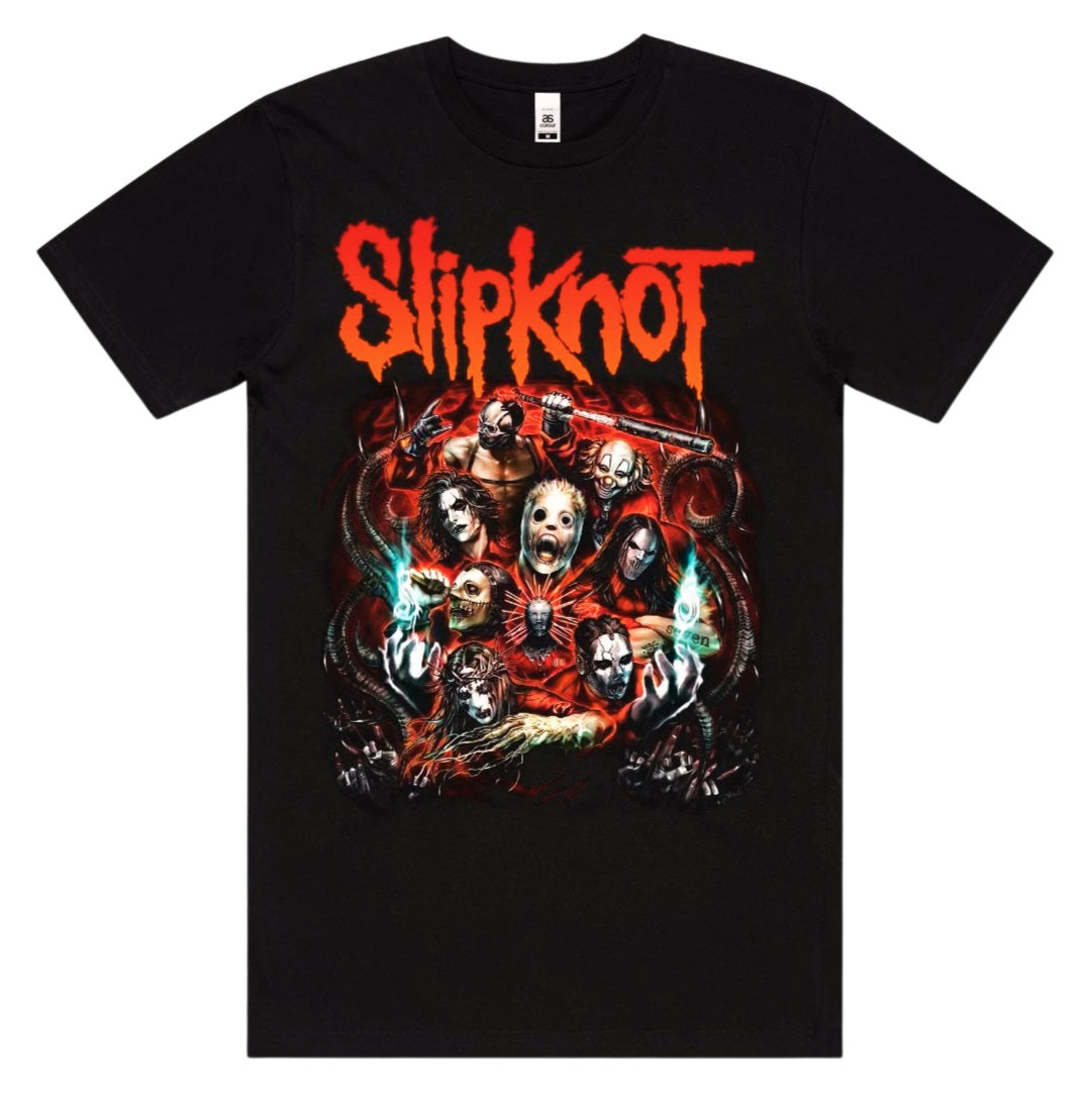 Rebelchords Slipknot band t-shirt featuring vibrant graphics of band members on a black background