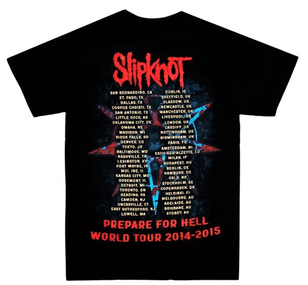 Slipknot Prepare for Hell tour shirt featuring tour dates and locations on a black background