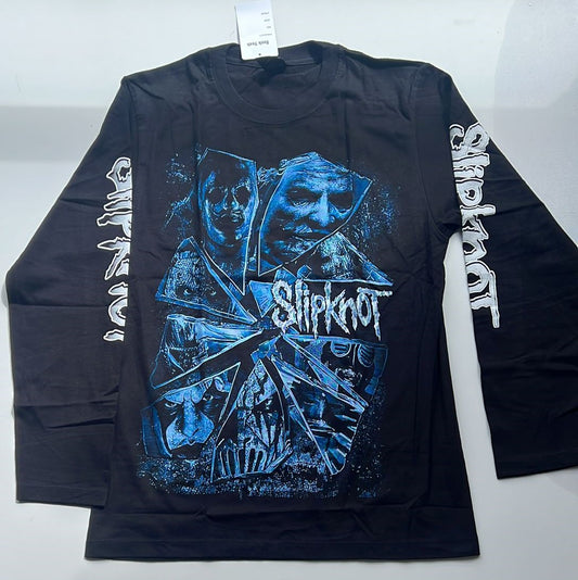 Black long sleeve Slipknot The Devil in I shirt with blue graphic design and band logo on sleeves