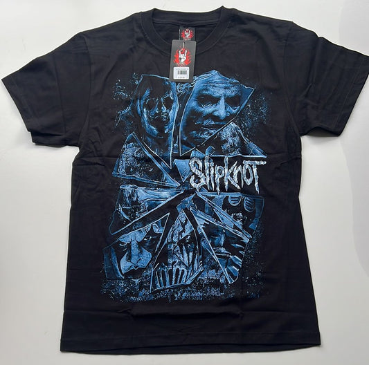 Black Slipknot The Devil in I t-shirt with blue graphic design featuring band members' faces