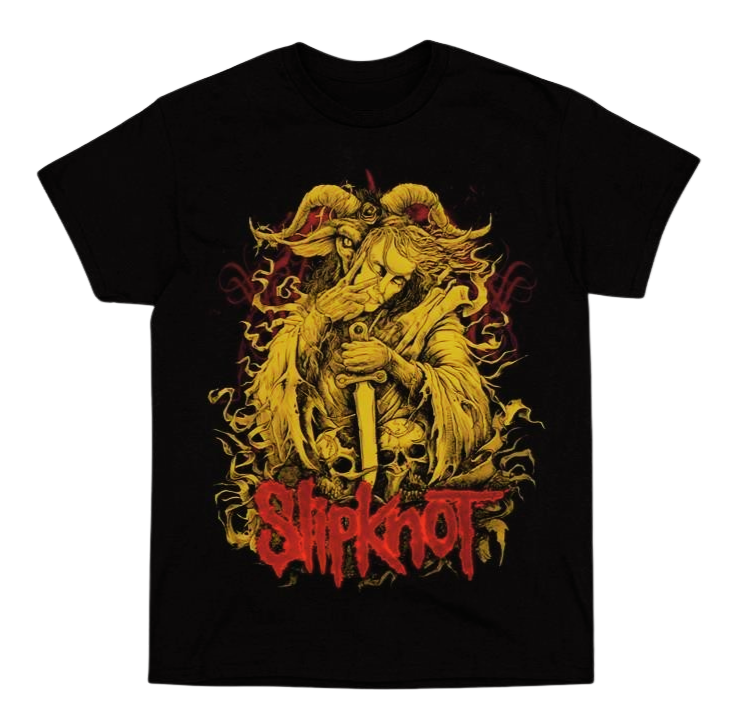 Slipknot two face goat t-shirt featuring vibrant graphic design on a black cotton fabric